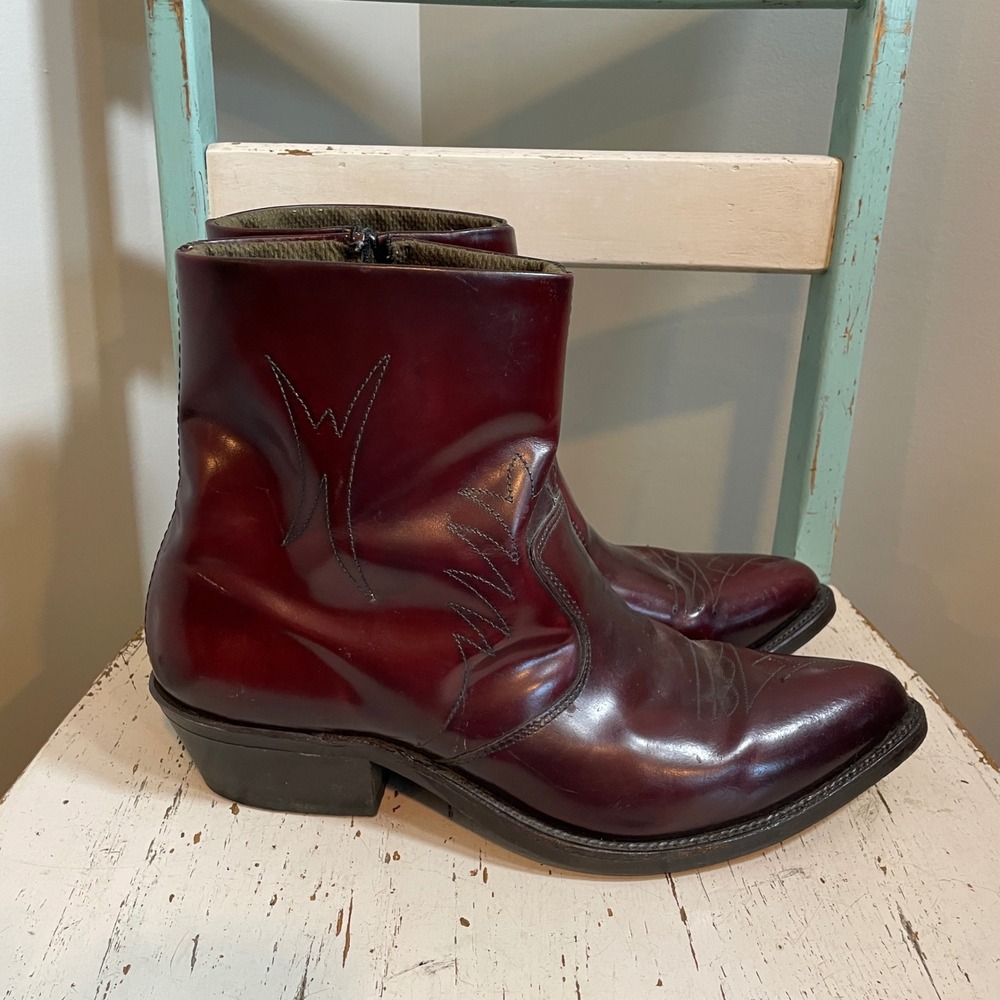 VTG Mens Burgundy Leather Western Side Zip Boots Pointed Toe Hypalon Sole 12 D